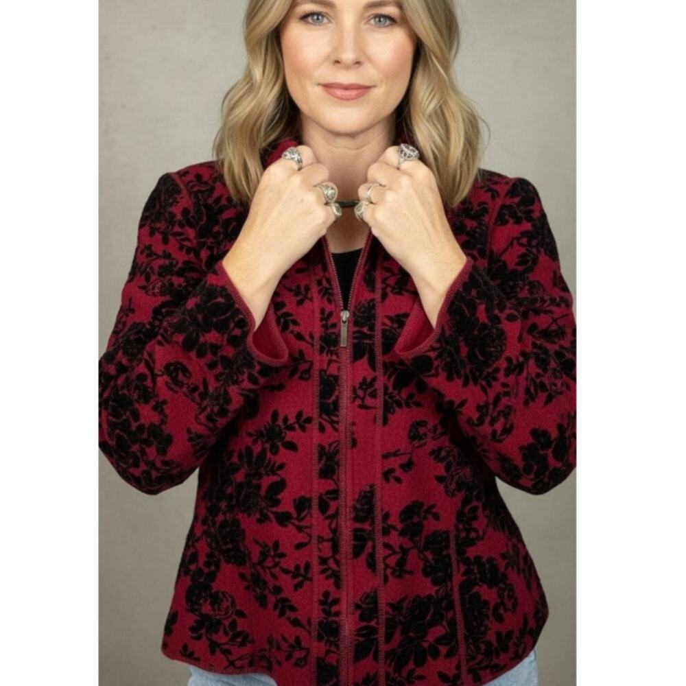 Sara Isabella Felted Wool Blend Shacket/Zip Up Sweater with Velour Embossing